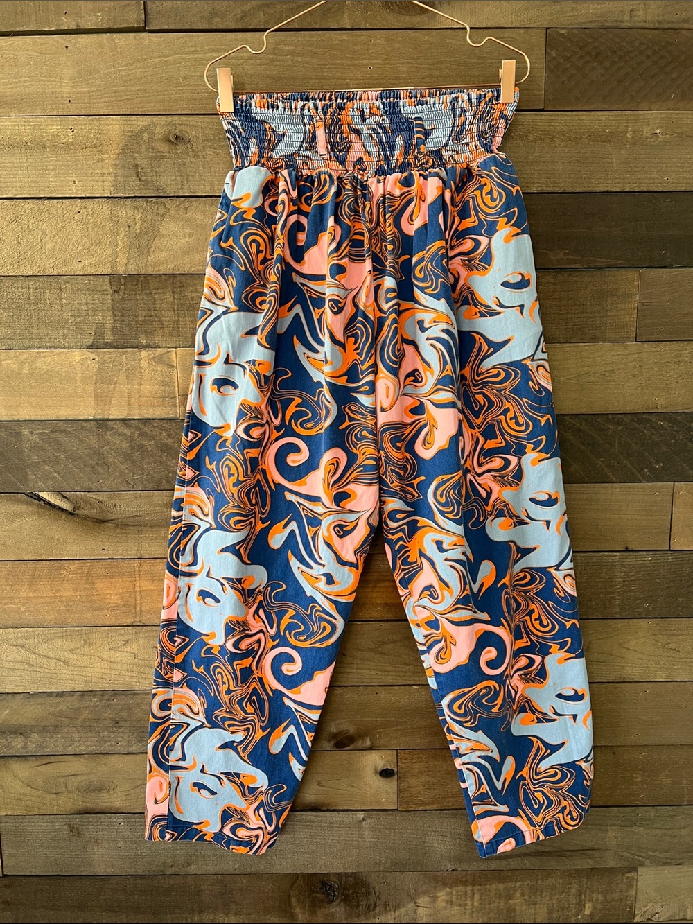 Lucy & Yak Women's Alexa Trousers in Blue Orange Marble Print Size XL 30"